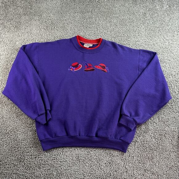 VTG Morning Sun Grandma Sweatshirt Womens L Purple Red Sunday Hat Church Crown - Picture 1 of 11